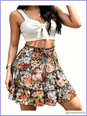 Boho Floral Mini Skirt High Waist Drawstring A-Line Ruffle